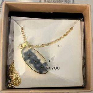 Gold Floral Pendant Necklace with Blue Flower Inlay